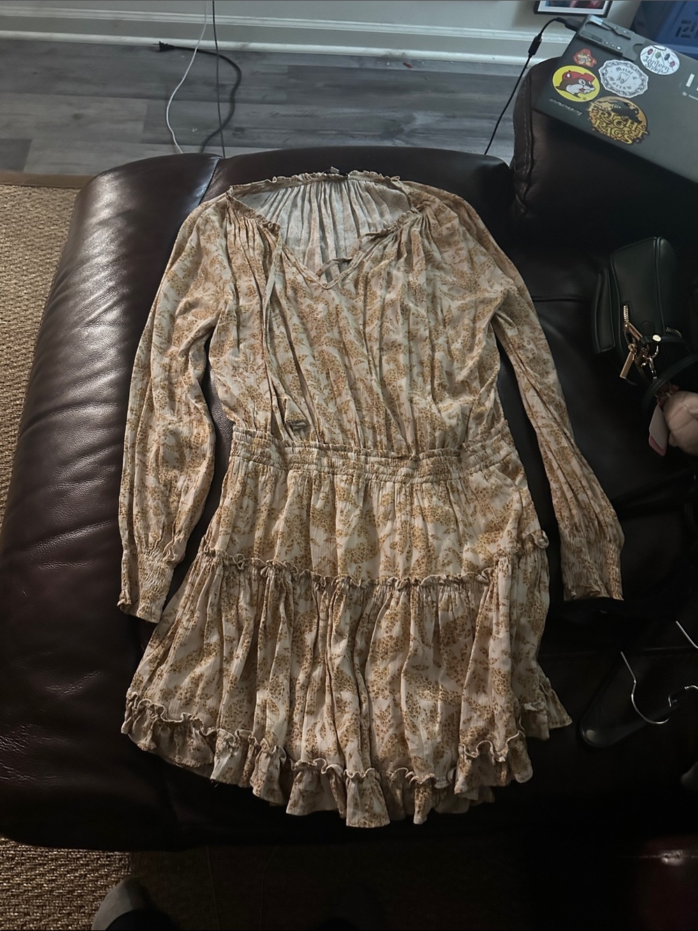 Fate Beige Floral Long-Sleeve Tiered Ruffle Dress